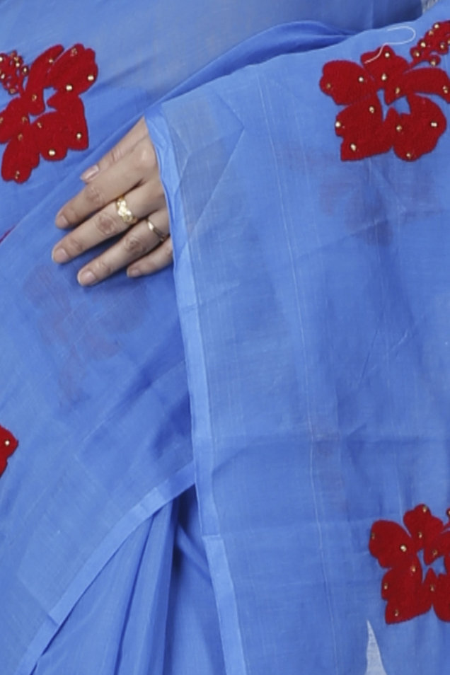 Sky Blue Blended Cotton Joba Hand Loom Saree (1273)